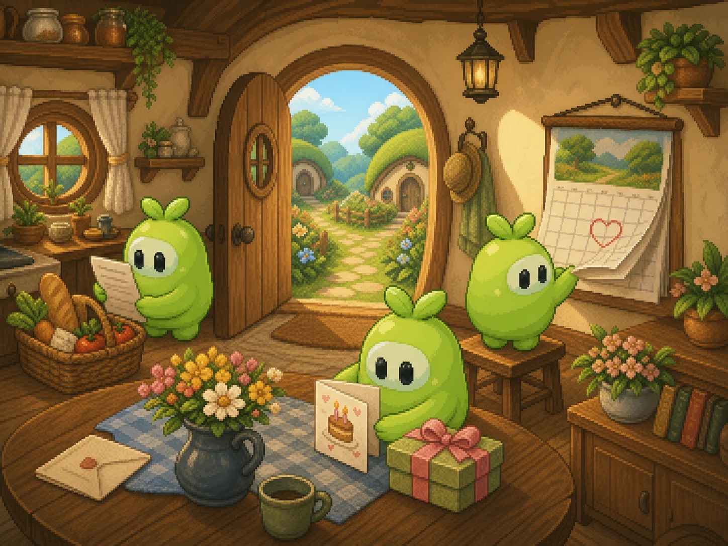 Crew creatures planning a week and preparing a thoughtful delivery inside a warm pixel cottage