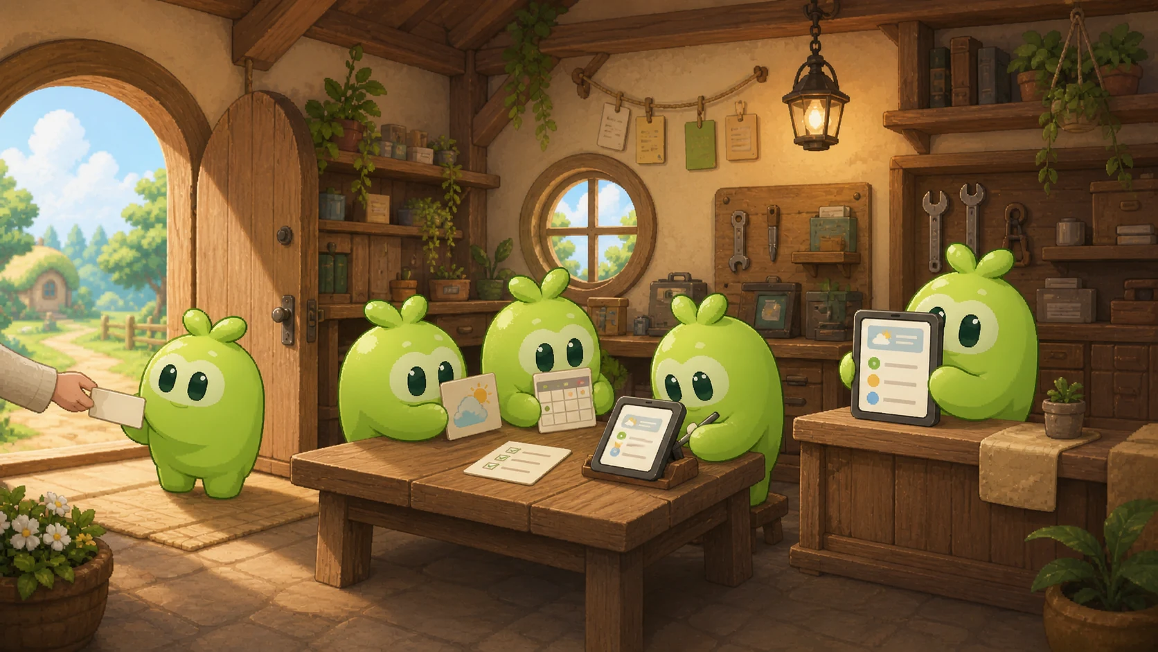 Crew creatures receive one request, check a calendar and weather, build a small app, and present the finished result