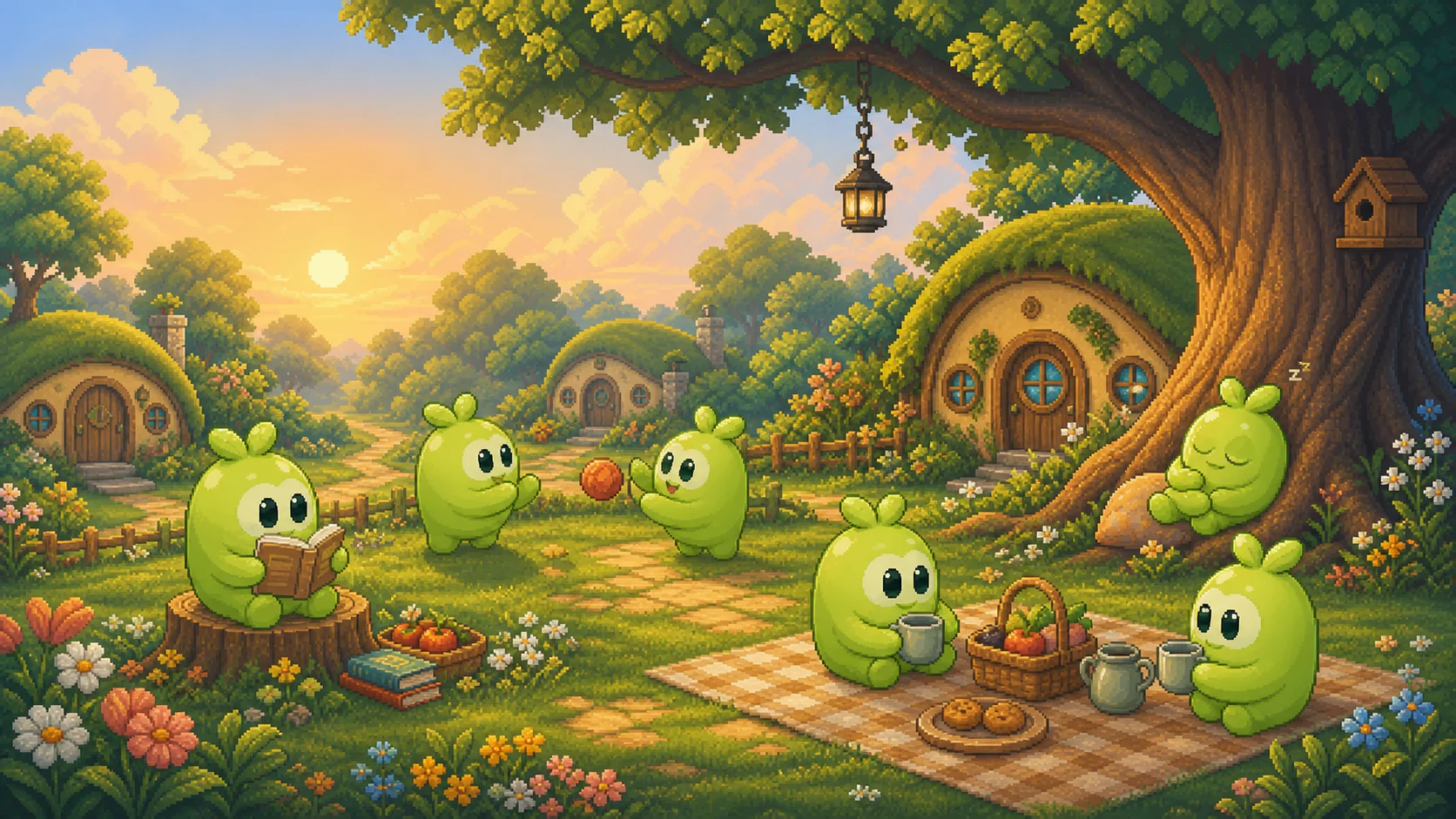 Crew creatures resting and playing together in a sunny green field after the work is done