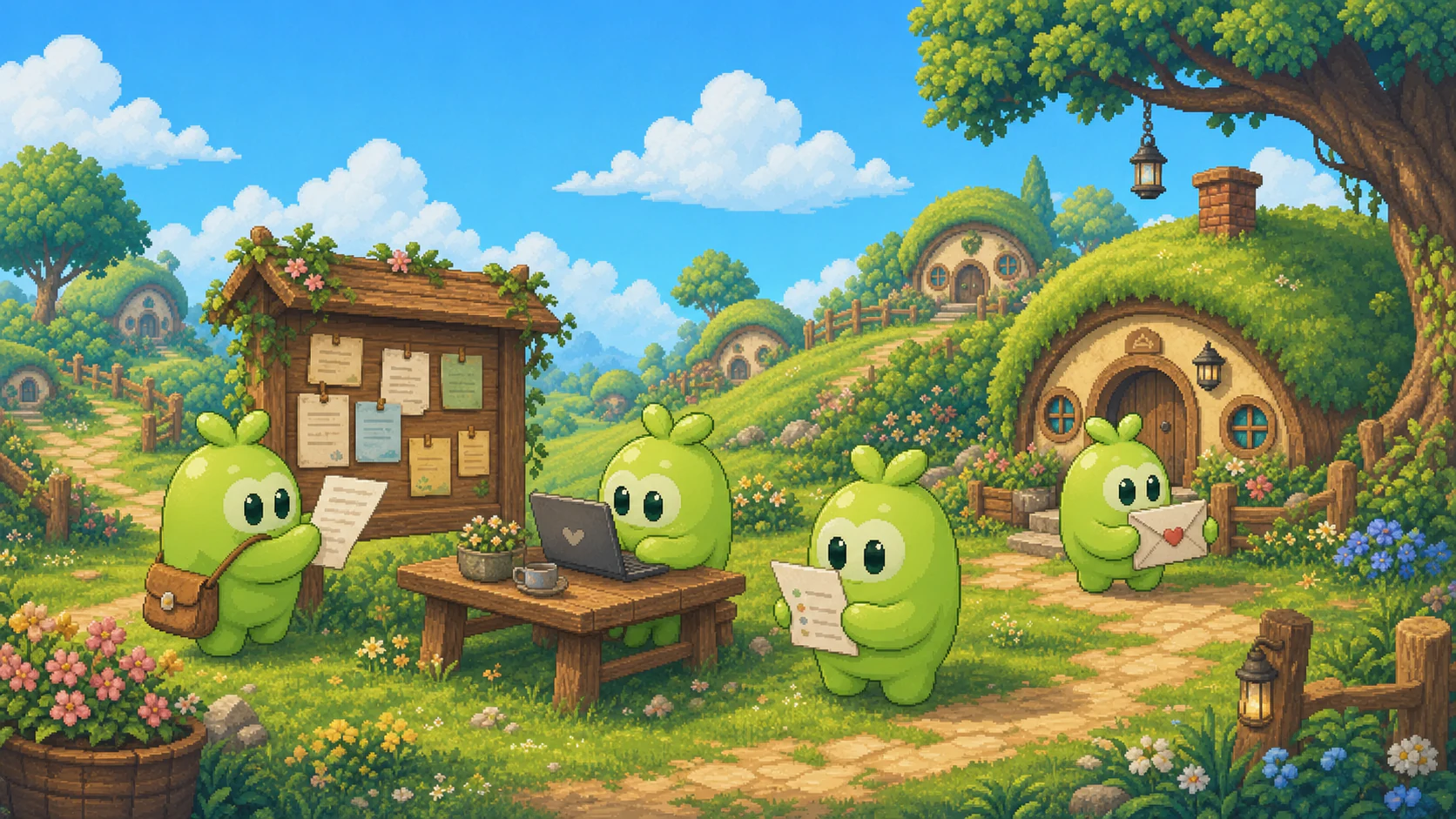 Little Crew creatures working together across a sunlit green hillside