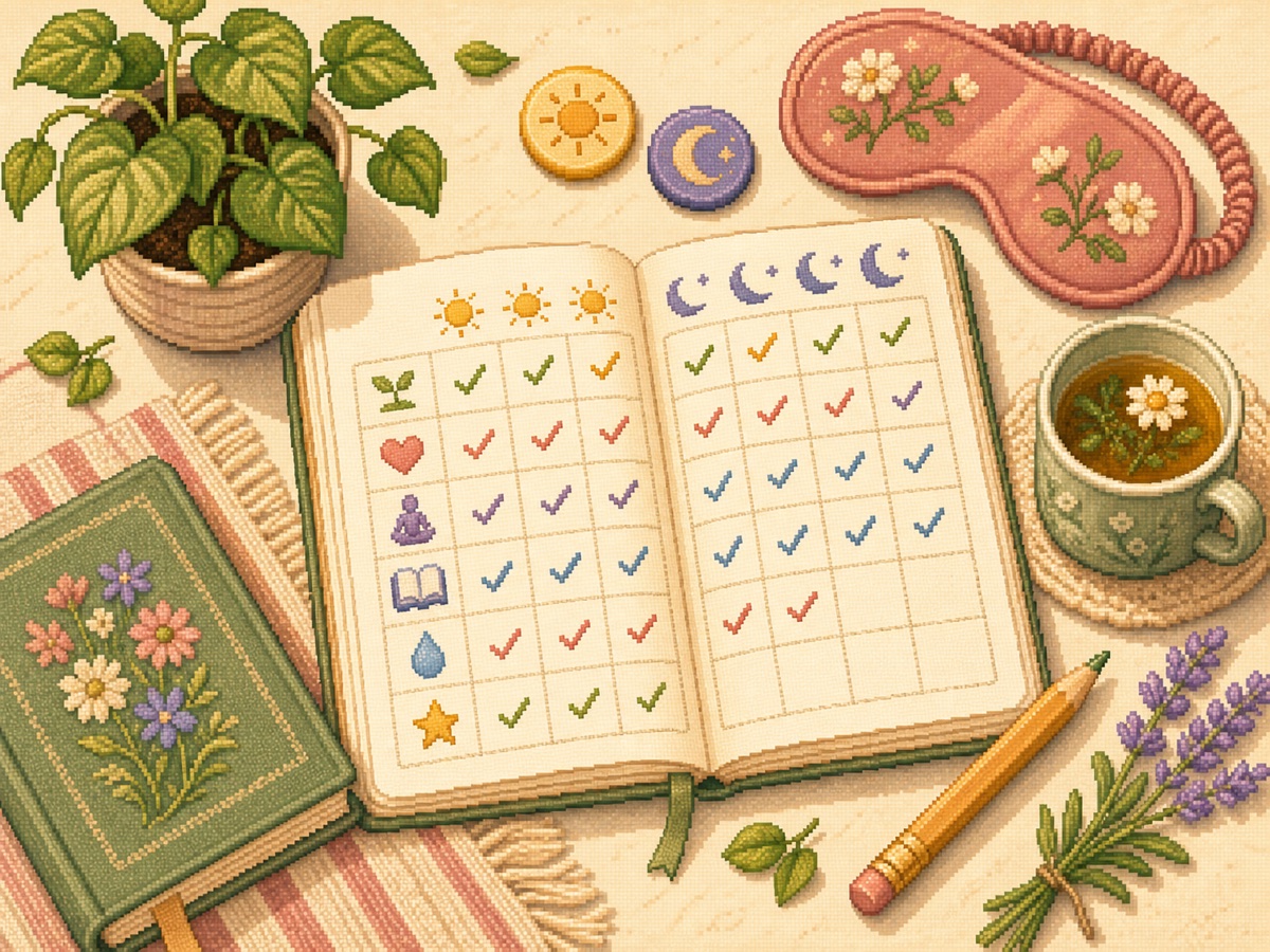 A calm pixel-art habit journal with checked routines, tea, a plant, and morning and evening tokens