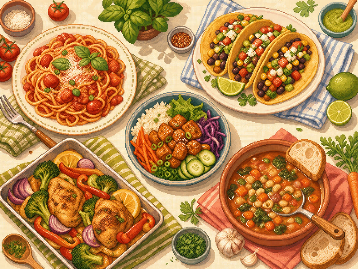 A warm pixel-art spread of pasta, tacos, grain bowls, traybake, and soup for Dinner Picker