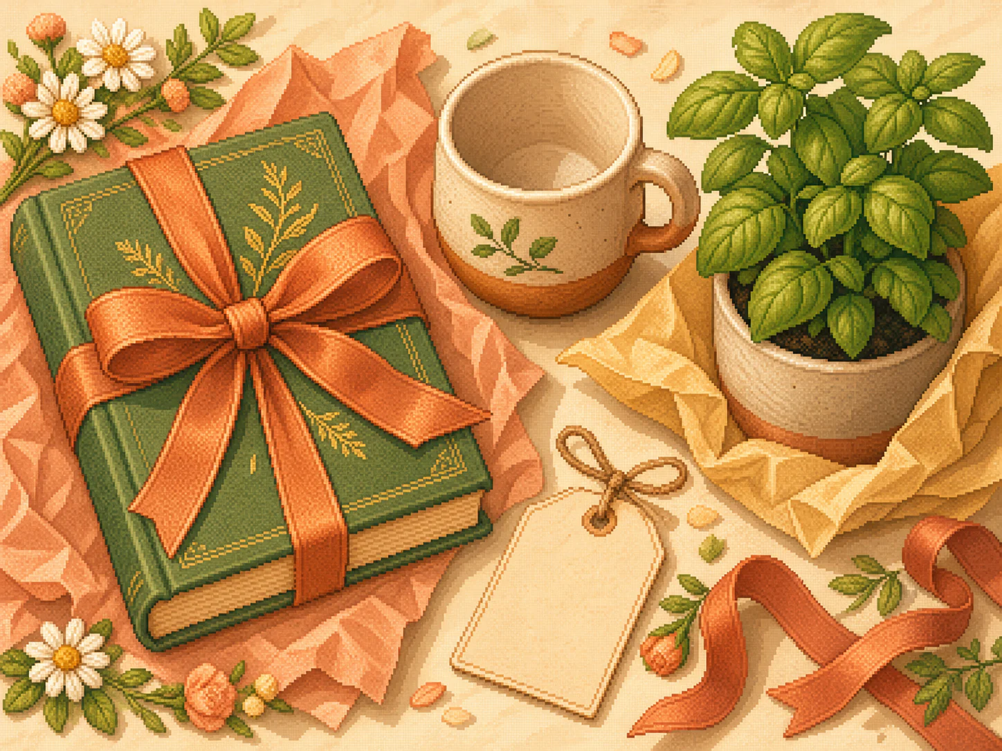 Wrapped presents and ribbons laid out in a cosy pixel room for Gift Finder