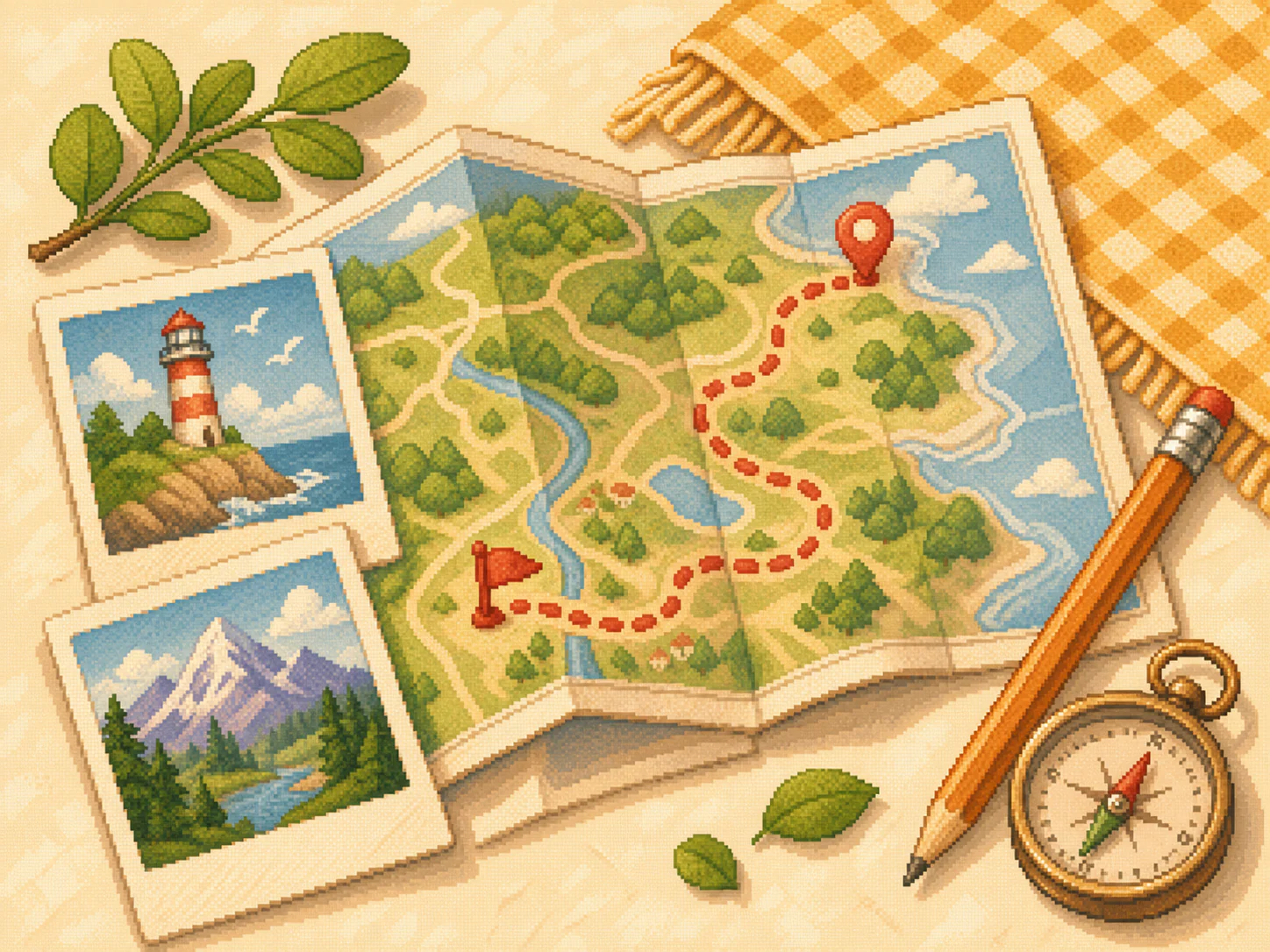 A warm pixel map with a packed bag, tickets, and a route drawn between little towns