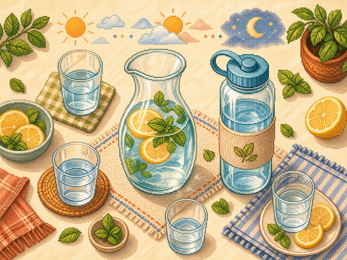 A sunlit pixel-art water ritual with a carafe, bottle, glasses, lemon, and mint for a personal water tracker