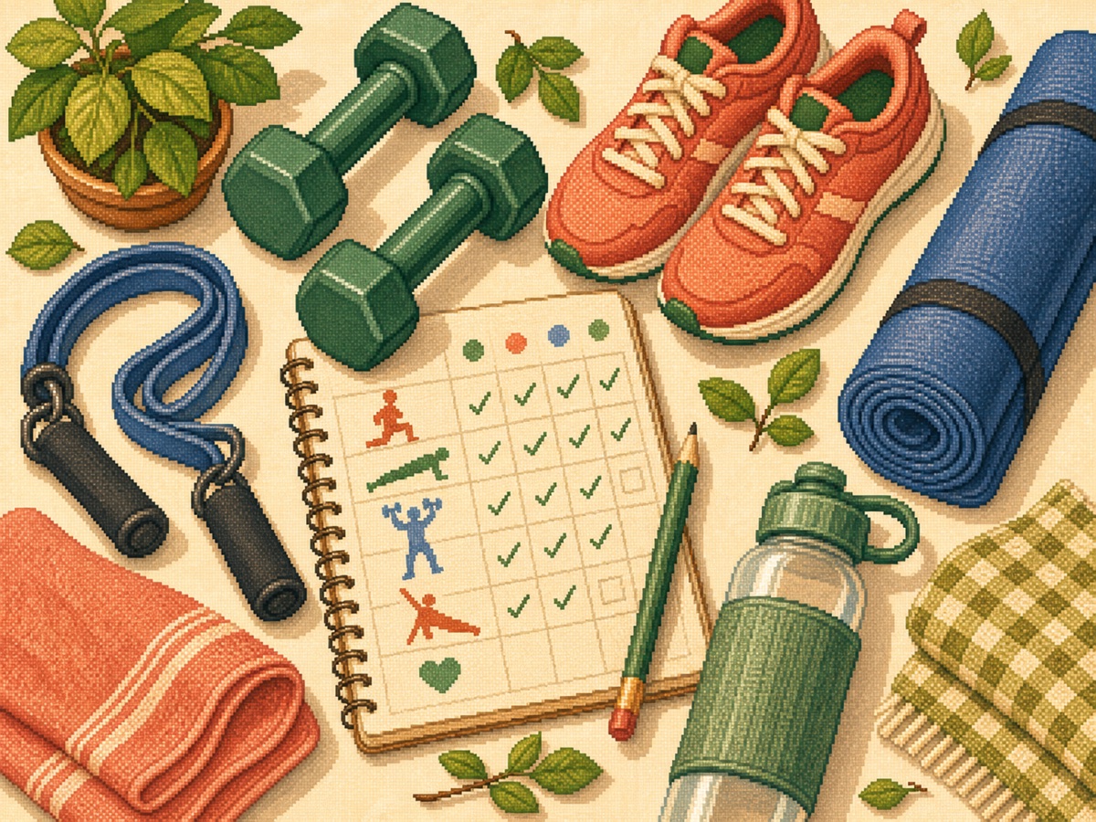 Pixel-art workout gear, running shoes, weights, and a checked training notebook for a personal workout log