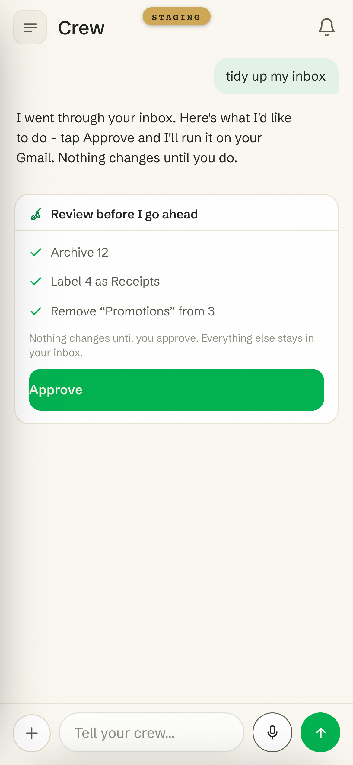 Crew inbox tidy-up review showing the exact proposed changes and an approval button