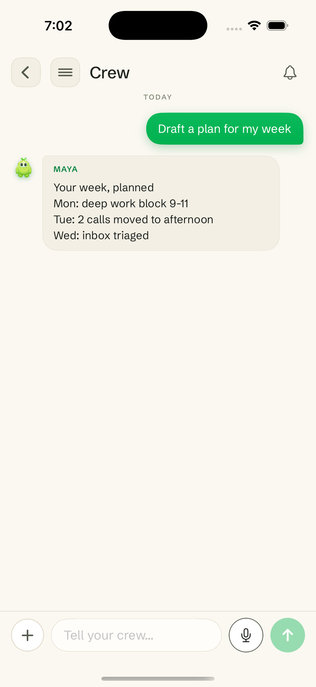Crew app showing a request to plan the week and the finished plan returned in the same conversation